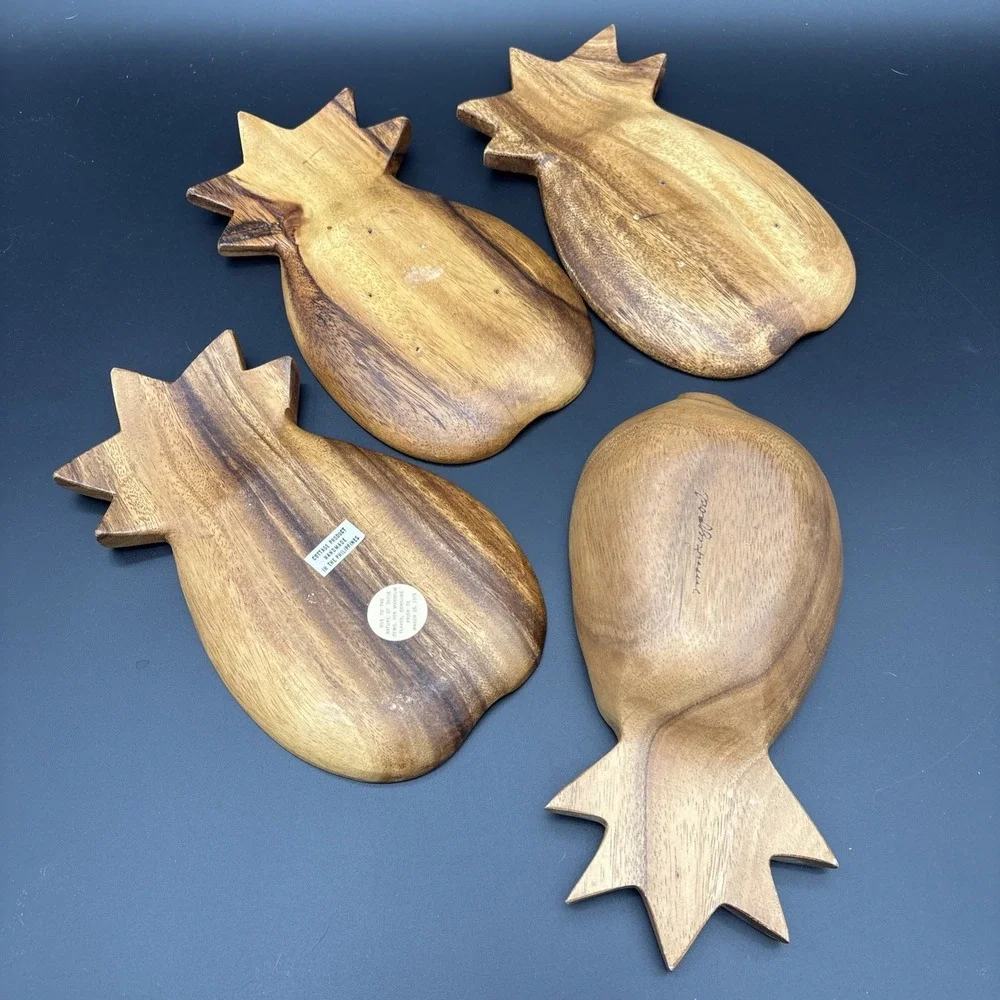 4 Pc Vintage Hawaiian Monkeypod Wood Pineapple Serving Plates & Deep Bowl